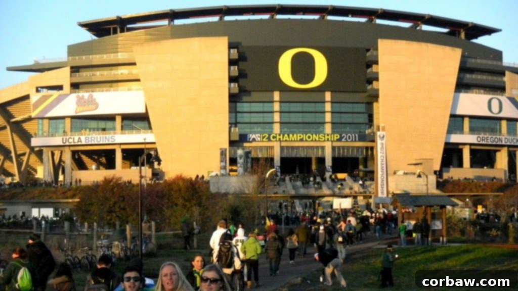 Autzen Stadium adorned with PAC-12 Championship banners and branding