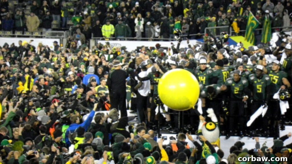 The overall celebratory atmosphere at Autzen Stadium after the championship win