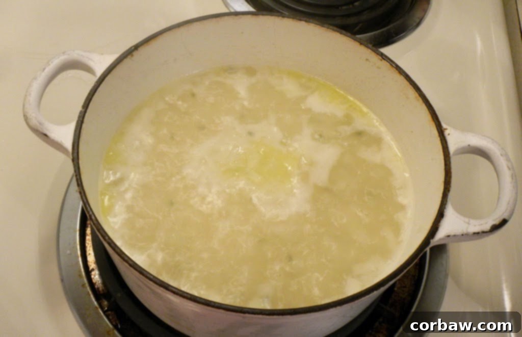 Risotto simmering gently in a covered Dutch oven on the stove.