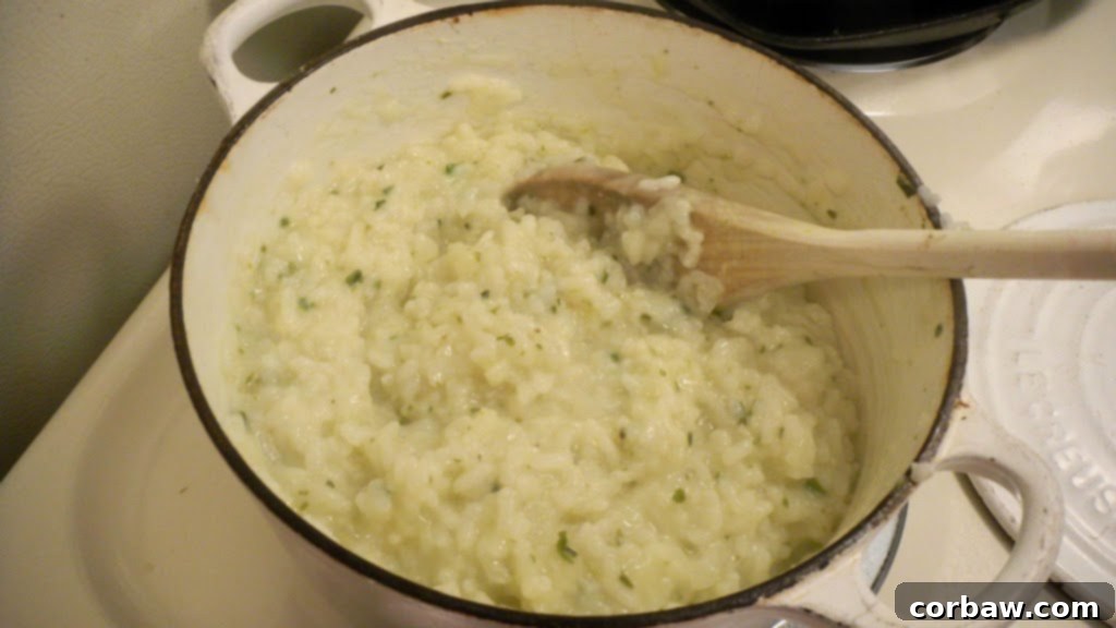 Finished parmesan and herb risotto in a Dutch oven, stirred with fresh herbs and butter.