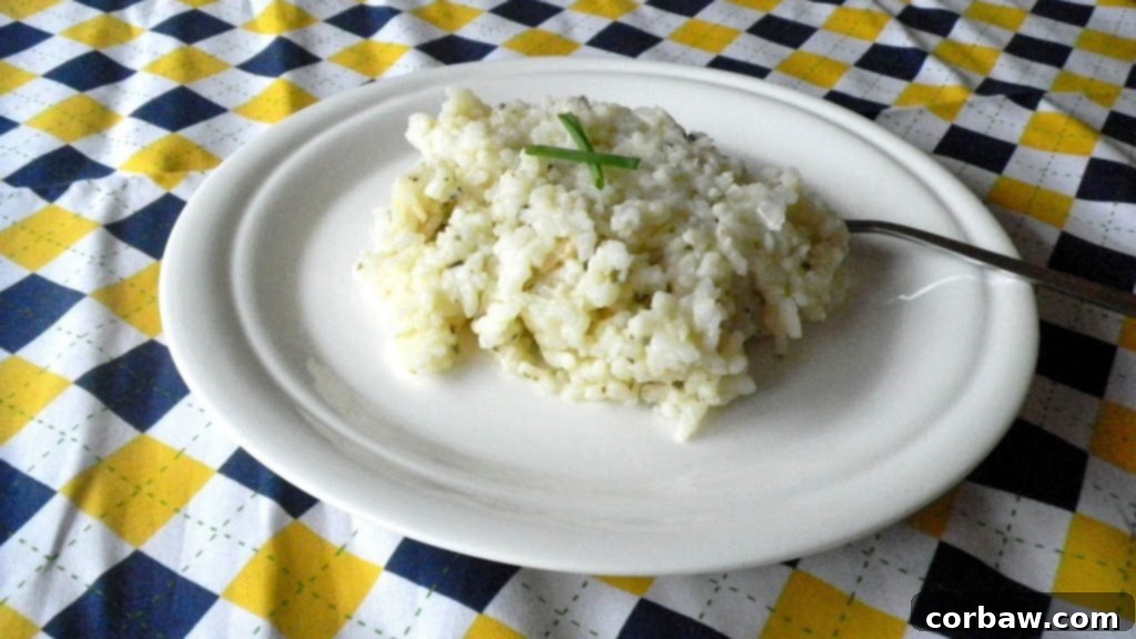 A serving of creamy parmesan and herb risotto with a spoon, ready to be enjoyed.