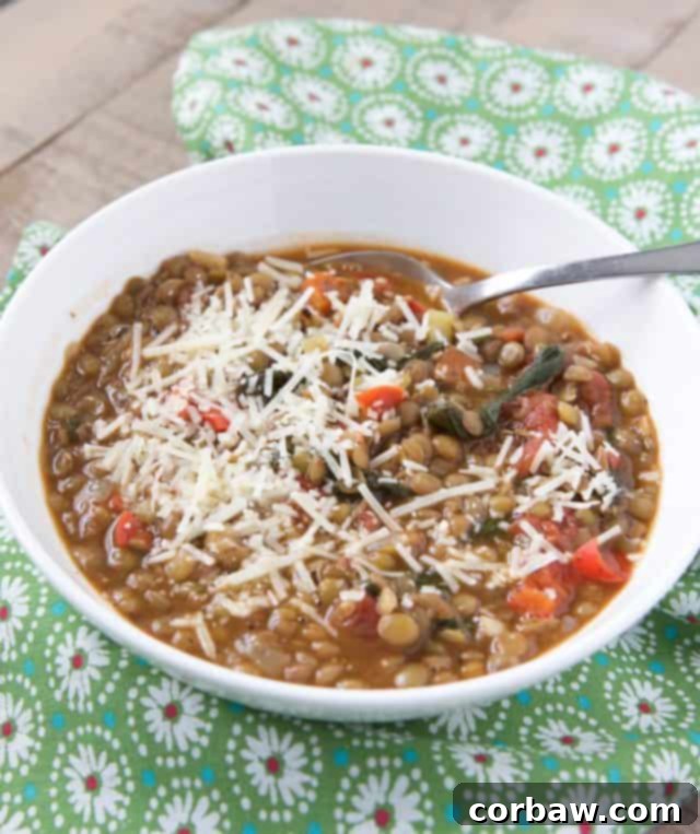 Hearty Italian Tomato Lentil Spinach Soup 2 Lentil soup sprinkled with Parmesan Reggiano cheese in a white bowl on a green napkin