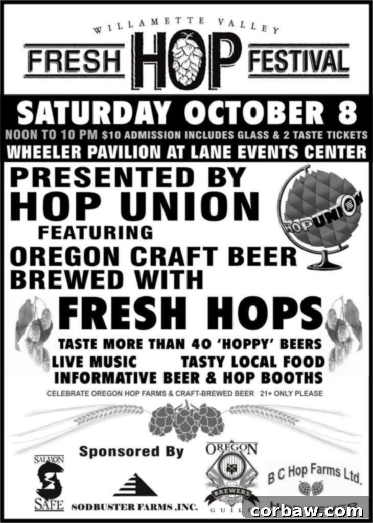 Willamette Valley Green Gold Fresh Hop Festival 2 Attendees enjoying fresh hop beers at the Willamette Valley Fresh Hop Festival, with vibrant green hops in the foreground, capturing the essence of Oregon's craft beer scene and the unique seasonal event.
