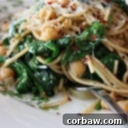 Plate of Whole Wheat Spaghetti with Chickpeas and Spinach