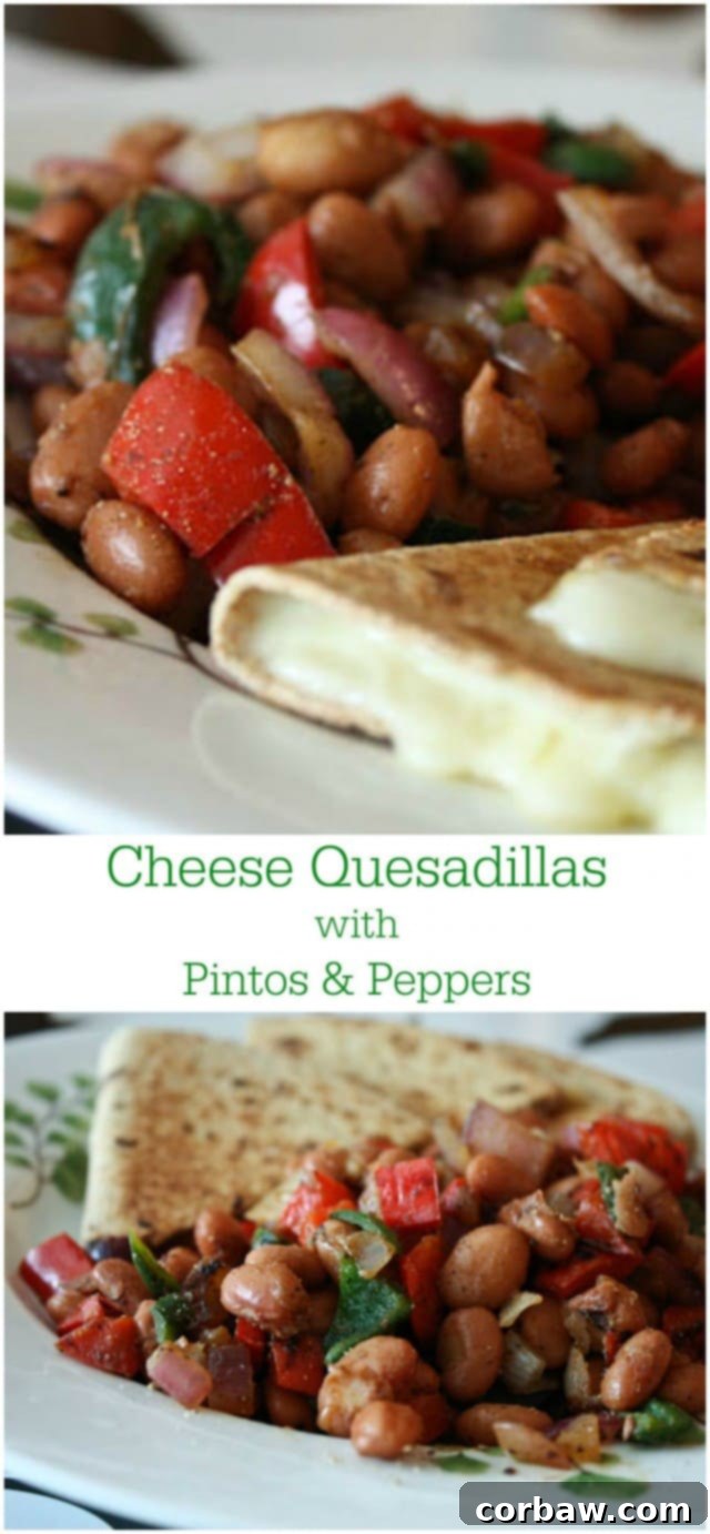 Cheese Quesadillas with Pinto Beans and Peppers - an easy, flavorful vegetarian meal. Great for the whole family!
