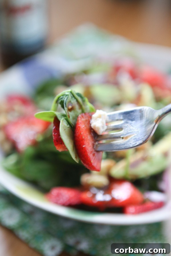 Strawberry Spinach and Walnut Salad with Raspberry Balsamic Vinaigrette A close-up shot of a fork lifting a perfect bite of spinach, strawberry, and crumbled cheese, all glistening with raspberry balsamic vinaigrette.