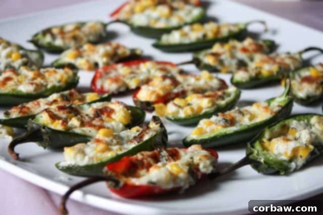 White plate showcasing beautifully baked cheese and corn stuffed jalapenos, ready to be served