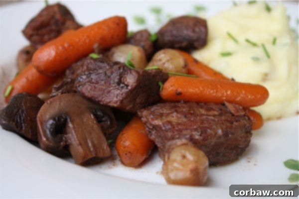 Delicious Slow Cooker Beef Bourguignon ready to be served
