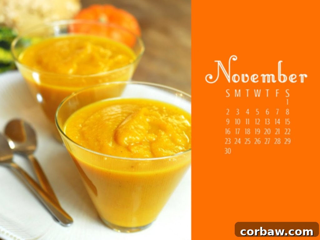 November Calendar Wallpaper 4 November 2025 desktop calendar background with autumn soup for 1024x768 screens.