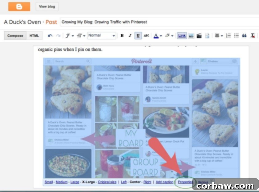Screenshot of Blogger post editor showing an image selected and the 'Properties' option highlighted.