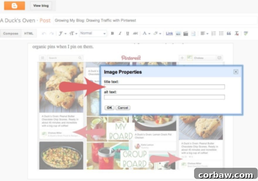 Screenshot of Blogger image properties box with 'Title text' field filled with a descriptive caption.