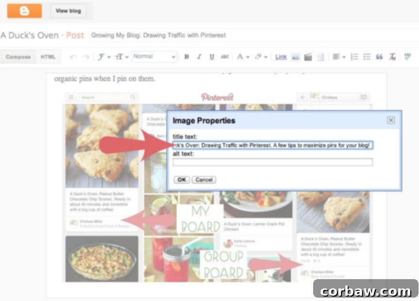 Screenshot of the final Blogger image properties showing the custom title text applied.