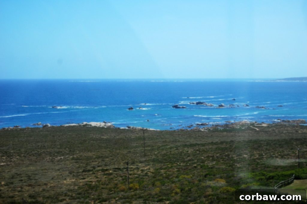 Distant view of the Paternoster coastline from the lighthouse, highlighting its wild nature