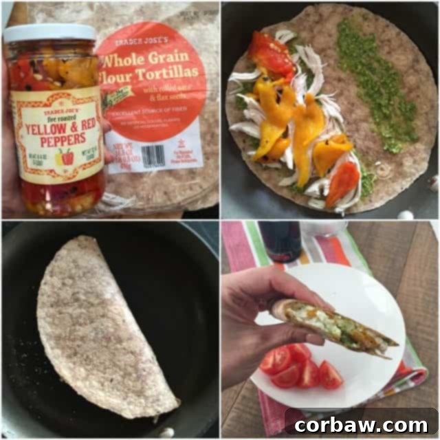 Crispy Pesto Chicken Quesadillas with a golden-brown tortilla, filled with succulent chicken, rich green pesto, and creamy melted cheese, neatly cut and ready to be enjoyed.