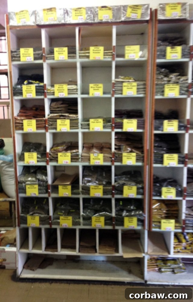 Pre-packaged spices on shelves at Atlas Trading