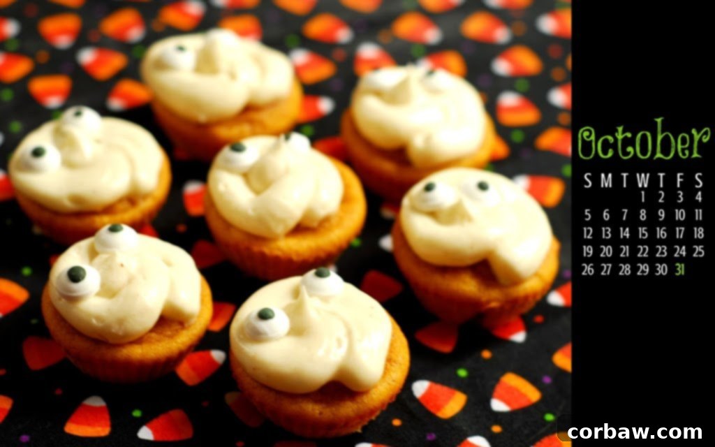 October Desktop Organizer 2 Halloween themed desktop calendar with pumpkin ghost cupcakes