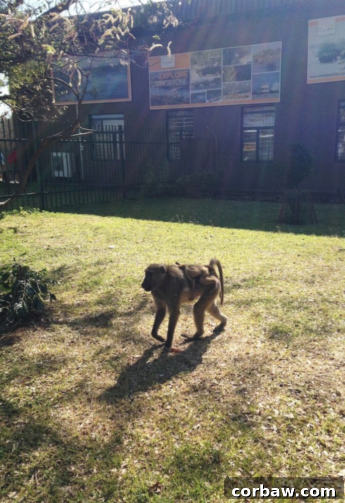 A baboon with a baby on its back at the Zambia border crossing near Victoria Falls, a common sight.