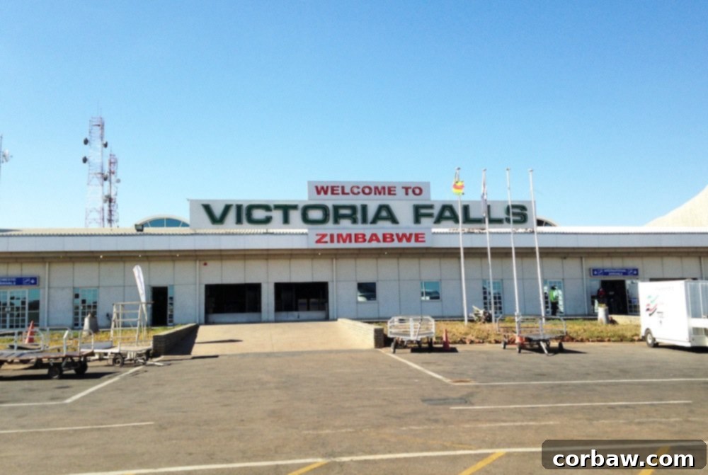 Small Victoria Falls airport with a plane on the tarmac and mountains in the background, signaling our arrival.
