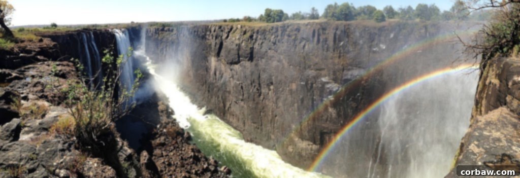 Victoria Falls with prominent rainbows visible from Livingstone Island, a truly magical sight.