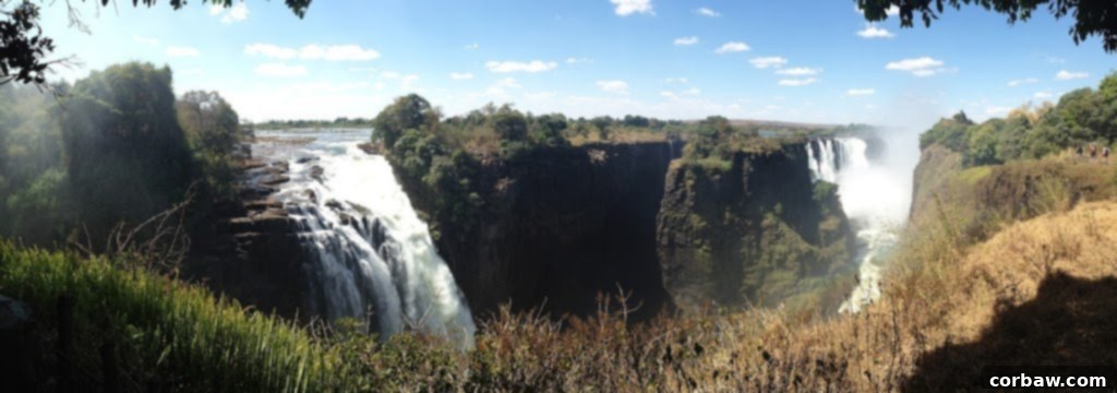 Panoramic view of the majestic Victoria Falls, 'The Smoke That Thunders,' from Zimbabwe, showcasing its vastness.