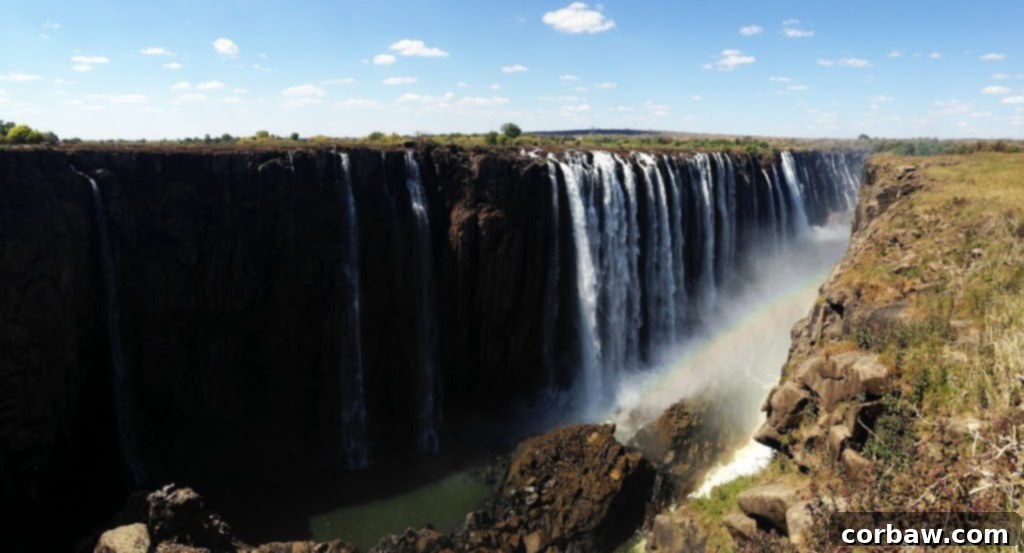 Rainbows arcing through the mist over Victoria Falls, a magical and frequently seen natural phenomenon.