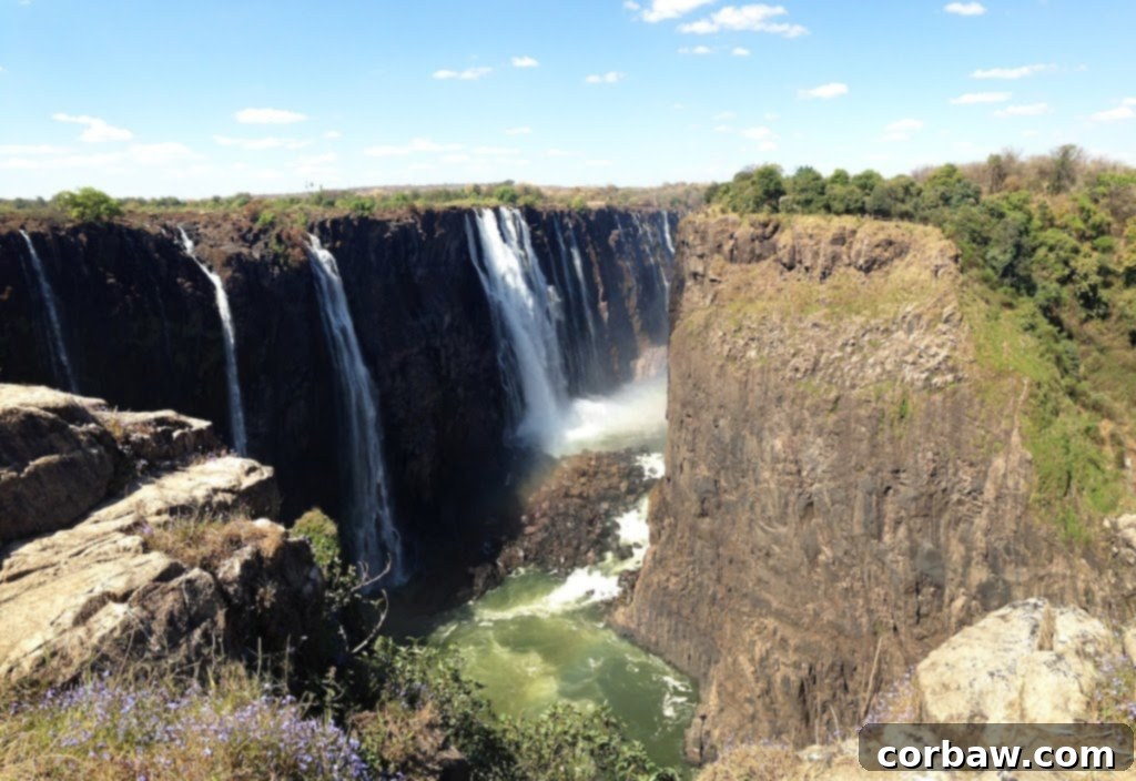 The vast expanse of Victoria Falls, highlighting its immense scale and beauty from the Zimbabwean perspective.