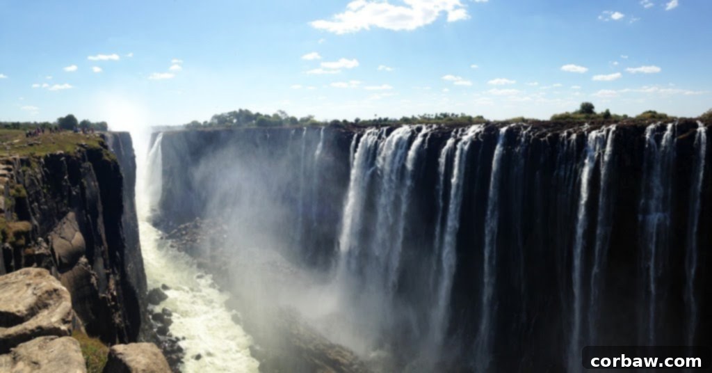 Close-up view of the water's edge at Victoria Falls, showcasing its raw power and the deep chasm.