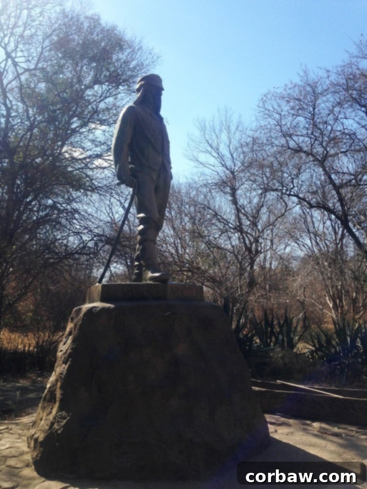 Statue of David Livingstone at the entrance of Victoria Falls National Park in Zimbabwe, honoring his discovery.