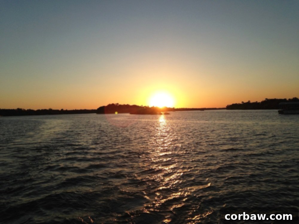 A stunning African sunset over the Zambezi River during a dinner cruise, painting the sky with vibrant colors.