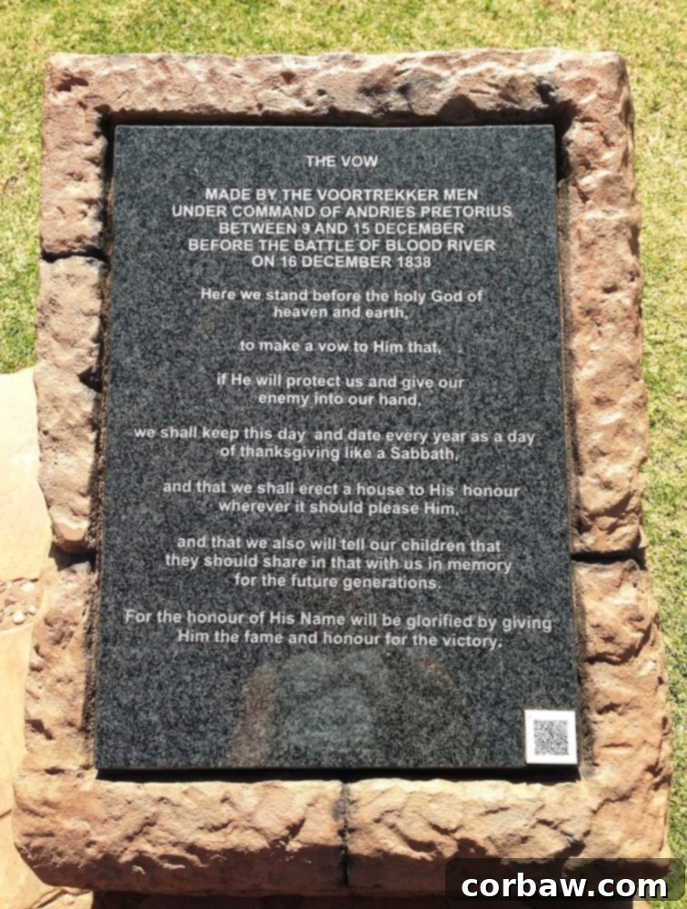 Inscribed text of the Voortrekker Vow, outside the monument.