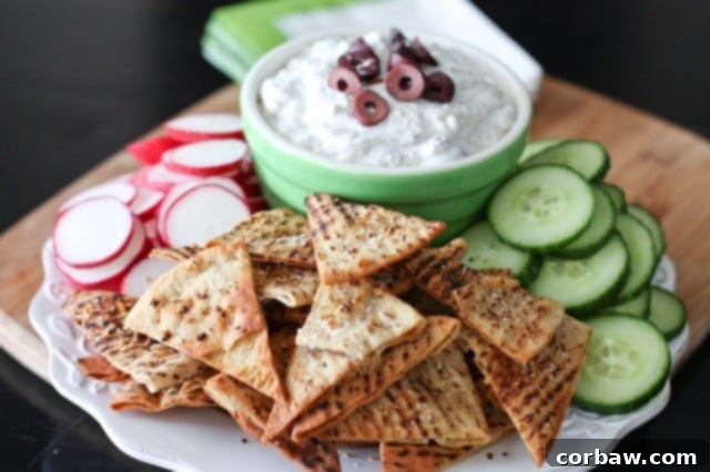 Kalamata Olive and Feta Dip with Lemon Pepper Pita Chips recipe - great dip to serve with fresh veggies!