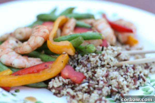 Delicious Szechuan Shrimp and Vegetable Stir Fry in a serving bowl