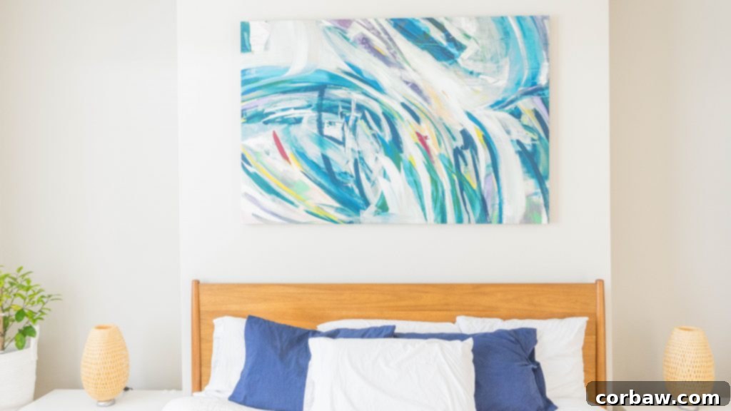 Bedroom view showing a bed with a yellow blanket and a blue rug.