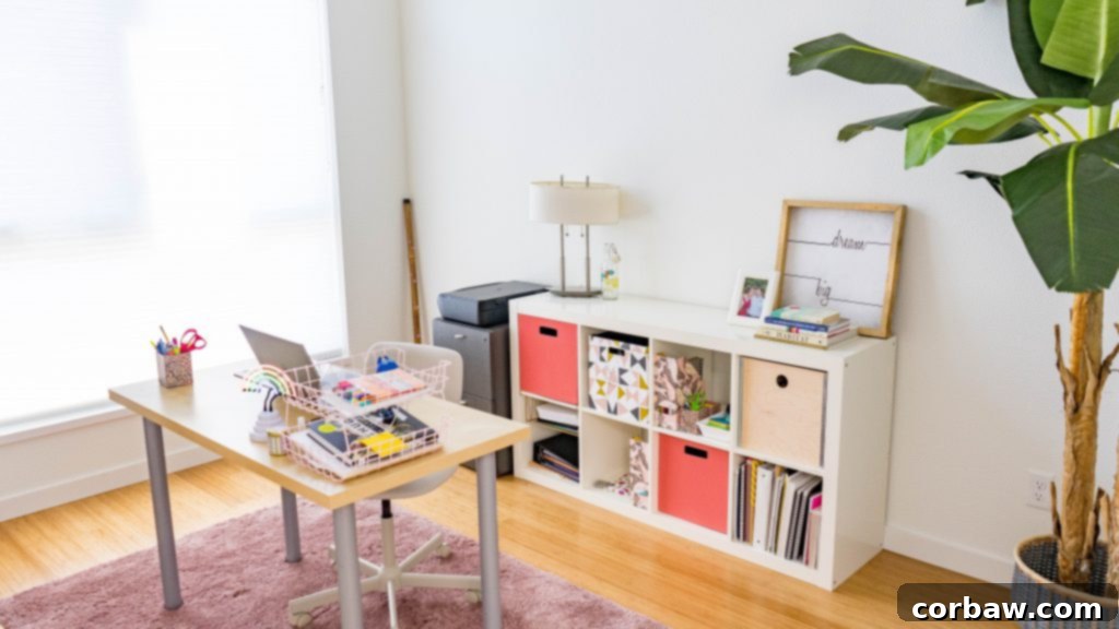 Another angle of the home office showing bookshelves and decor.