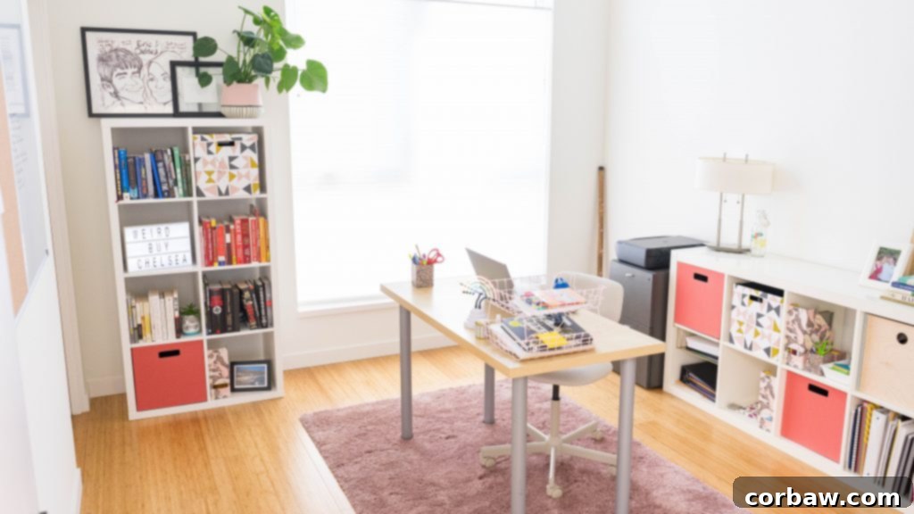 Home office with a banana plant, desk chair, and organizational boxes.