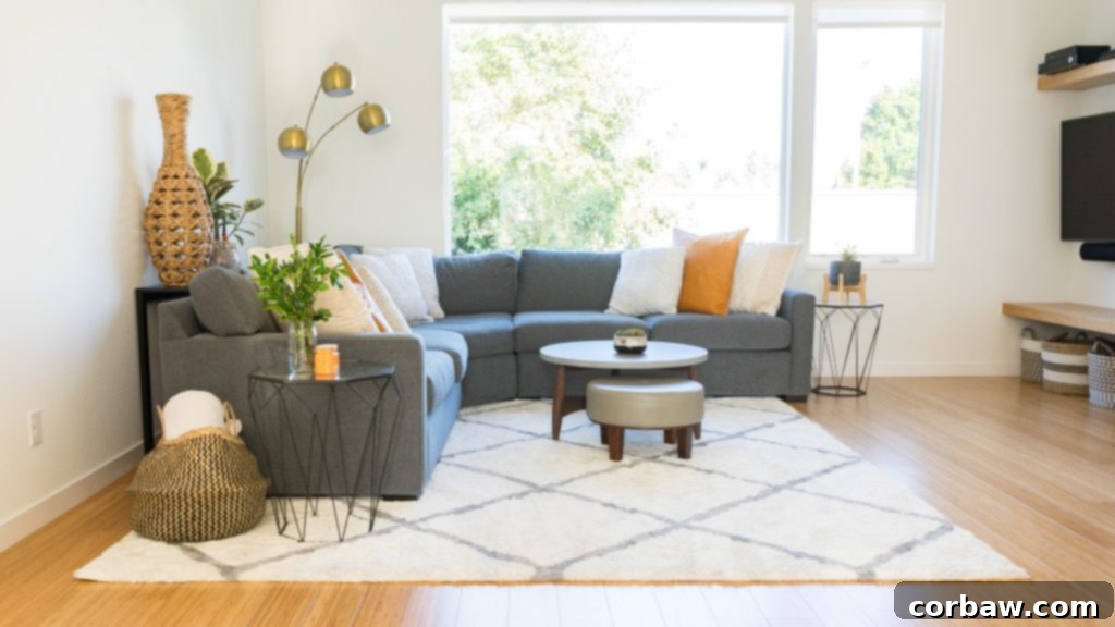 The living room featuring a cozy rug and stylish end tables.