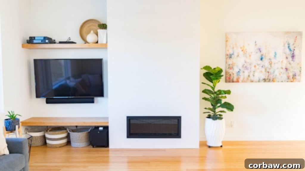 Detail of the fireplace with unique white tile texture.
