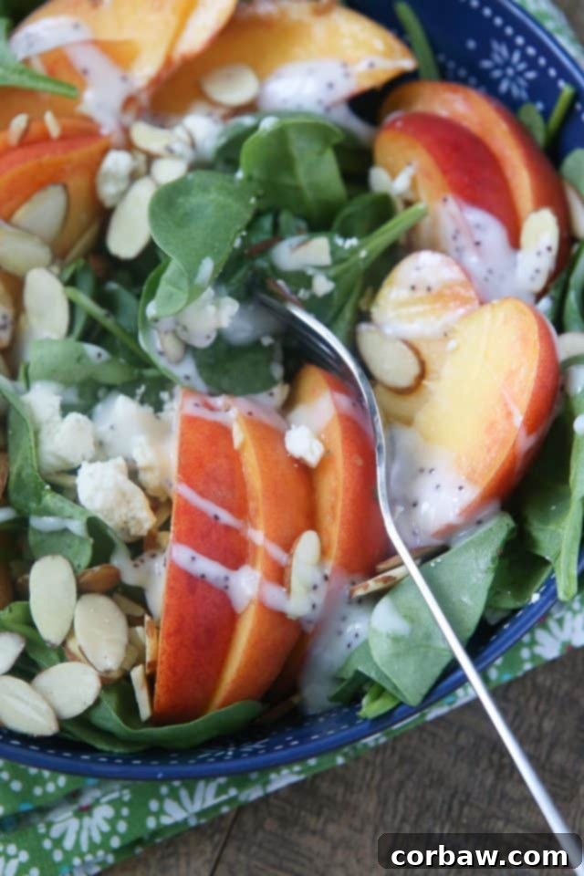 Spinach Salad with Peaches, Gorgonzola and Almonds served Close-up of the finished Spinach Salad with Peaches, Gorgonzola, and Almonds ready to serve