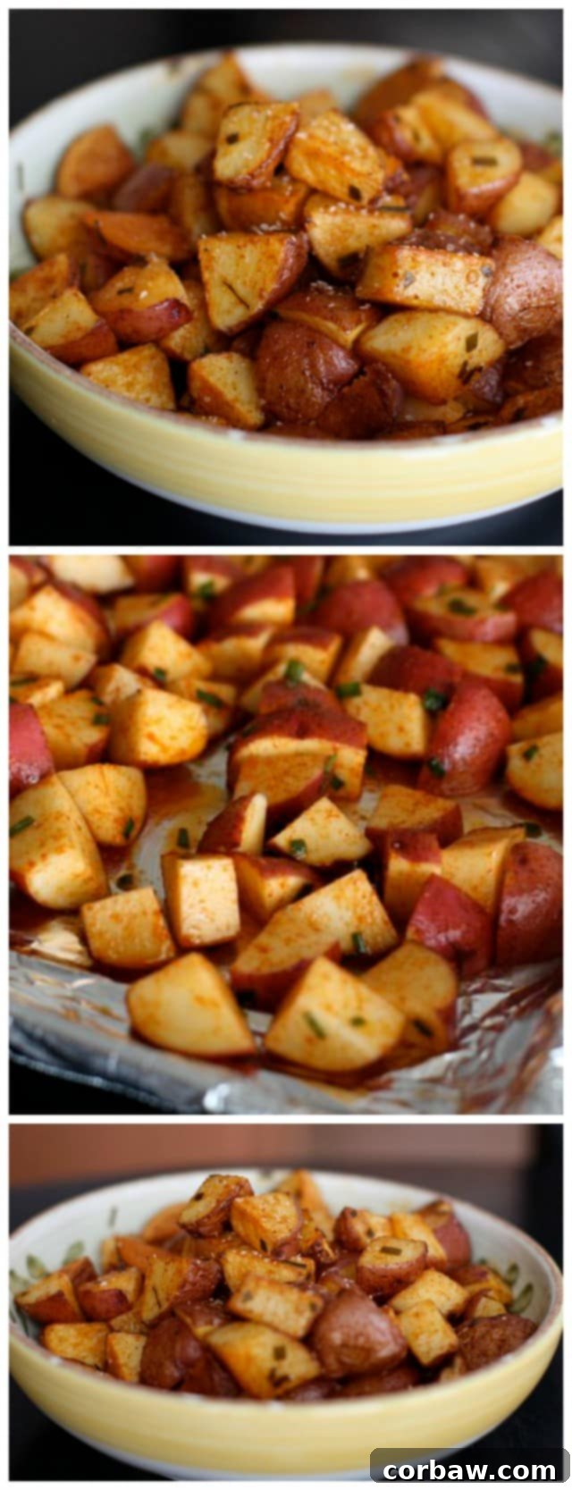 Roasted Red Potatoes with Smoked Paprika make a simple and healthy side dish to add to any meal, presented in a rustic bowl on a wooden surface.