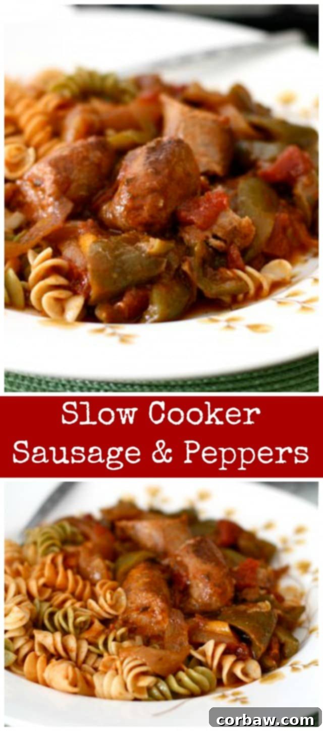 Pin this recipe: Use that slow cooker to make this comforting and classic Sausage and Peppers dinner. I love to use chicken or turkey sausage to keep it light and healthy!