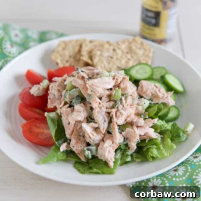 Simple & Satisfying Salmon Salad 2 white plate filled with lettuce tomato cucumbers topped with creamy salad salad with crackers