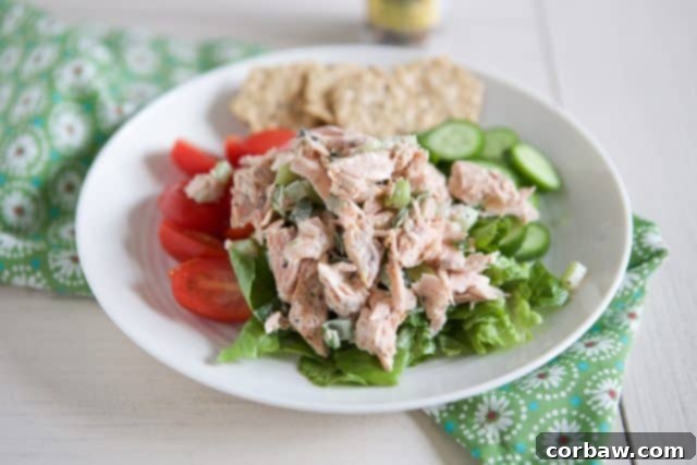 Easy Salmon Salad Recipe white plate filled with tomatoes, cucumbers and lettuce topped with salmon salad