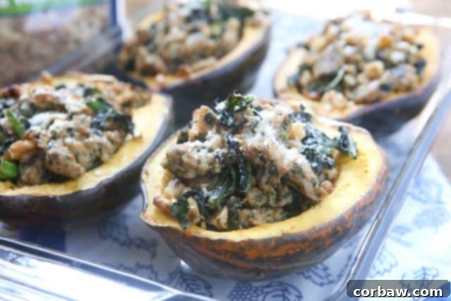 Stuffed Acorn Squash with Sausage, Kale, and Walnuts This Stuffed Acorn Squash recipe is filled with hearty ingredients like sausage, kale & walnuts. Makes a great dish for entertaining or healthy meal prep!