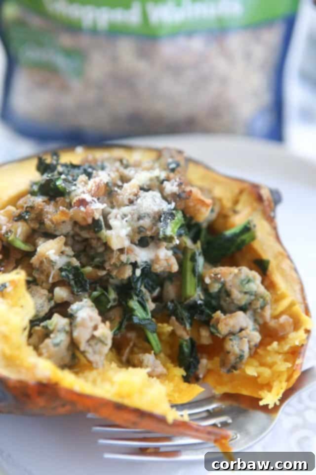 Perfectly Roasted Stuffed Acorn Squash This Stuffed Acorn Squash recipe is filled with hearty ingredients like sausage, kale & walnuts. Makes a great dish for entertaining or healthy meal prep!