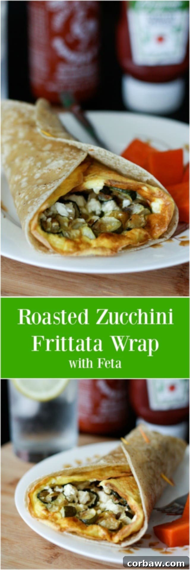Hearty vegetarian lunch idea: Use up leftover roasted vegetables in a quick and easy frittata wrap, like this Roasted Zucchini and Feta Frittata Wrap.