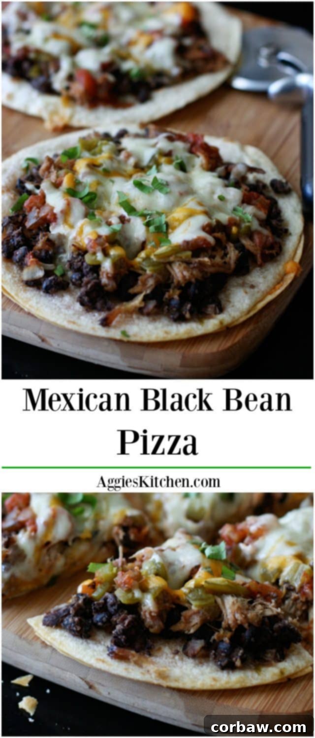 A Mouthwatering Mexican Black Bean Pizza, perfect for sharing. Loaded with pulled pork, beans and cheese this Mexican Black Bean Pizza will satisfy any appetite or craving! Recipe via aggieskitchen.com