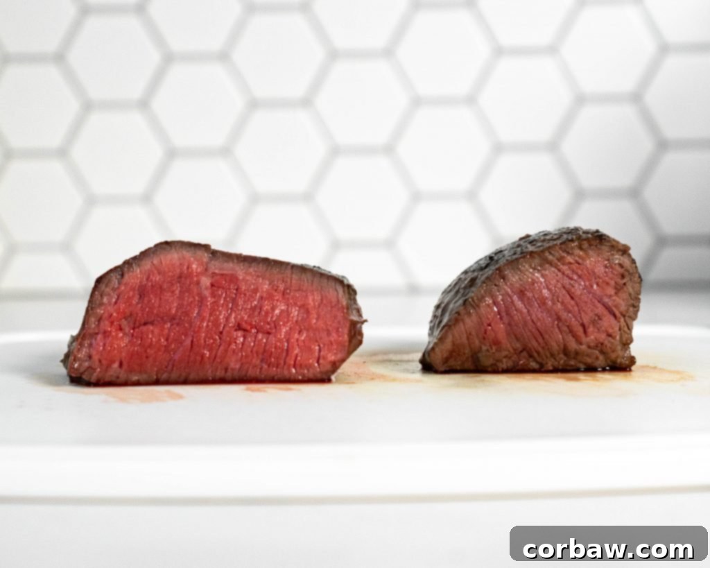 Photo comparing a sous vide steak and a pan seared steak