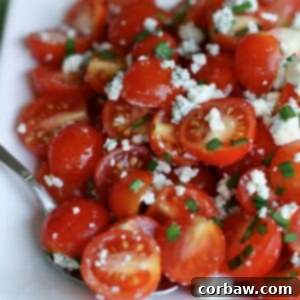 A close-up of the Cherry Tomato and Blue Cheese Salad, showcasing its fresh ingredients and vibrant colors. This quick and easy summer salad recipe is from AggiesKitchen.com.