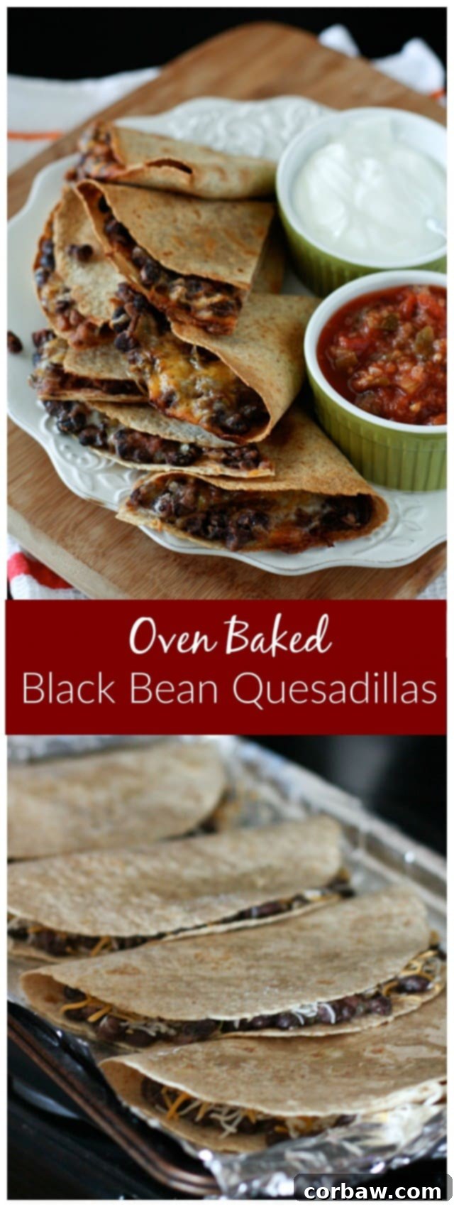 Oven baked Black Bean and Cheese Quesadillas make a great option for family dinner on a busy night, or when you need to cook for a crowd! A close up of a stack of quesadilla wedges with salsa.