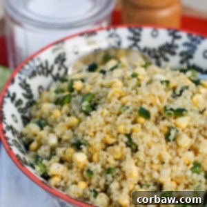 Bowl of Fresh Corn and Quinoa Salad, a healthy and easy recipe for summer.